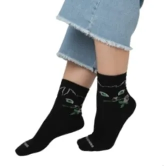 [3FES3-1] 3Feathers Cat Design Cotton High Ankle Socks Free Size Fits 36-41 for Women - Black