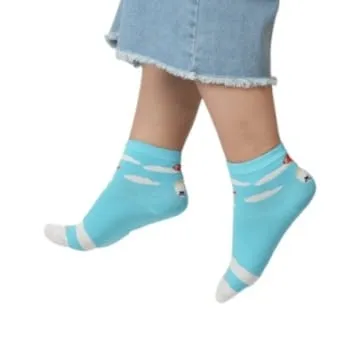 [3FES3-2] 3 Feathers Flying Puppy Design Cotton High Ankle Socks Free Size Fits 36-41 for Women - Blue