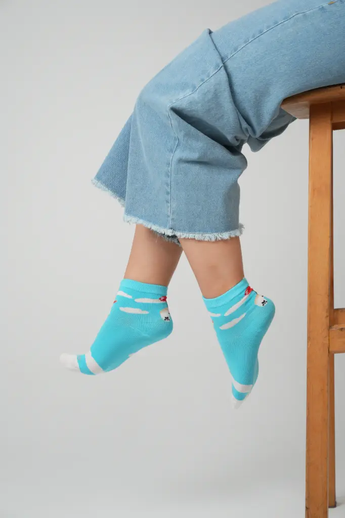 [3FES3-2] 3 Feathers Flying Puppy Design Cotton High Ankle Socks Free Size Fits 36-41 for Women - Blue